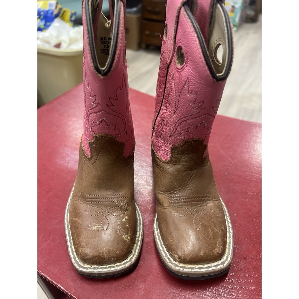 OLD WEST Brown Pink Leather Square‎ Toe Cowboy Boots Children's 7.5